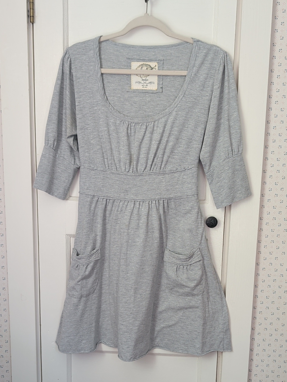Myna Dress Scoop Neck Gray Knit Pockets Cotton Belted Full Skirt Empire Waist M